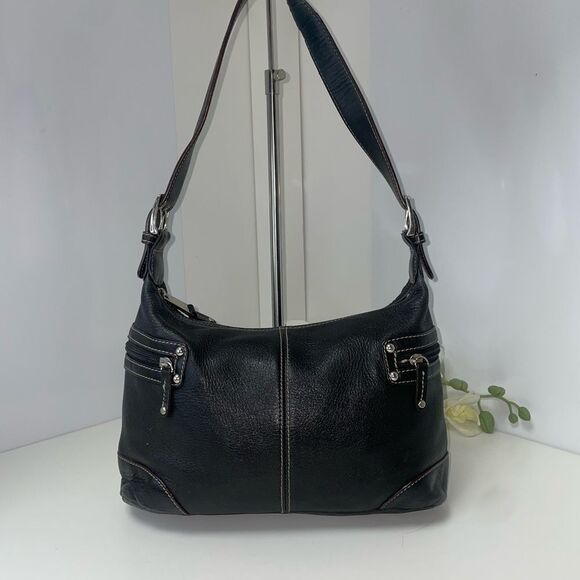 Tignanello Handbags - Tignanello Black Leather Shoulder Bag with Silver Accents